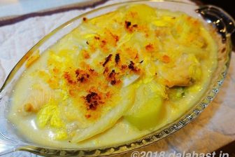 【レシピ】 ヘルシー和風グラタン 鶏ムネ肉とじゃがいも白菜の豆乳グラタン