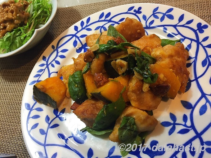 鶏ムネ肉とカボチャのオイ味噌炒め